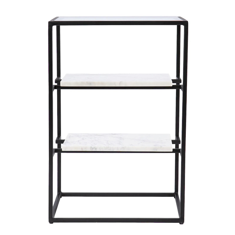 Table d'appoint Piesby à plateau en verre et étagères en marbre, noir/blanc