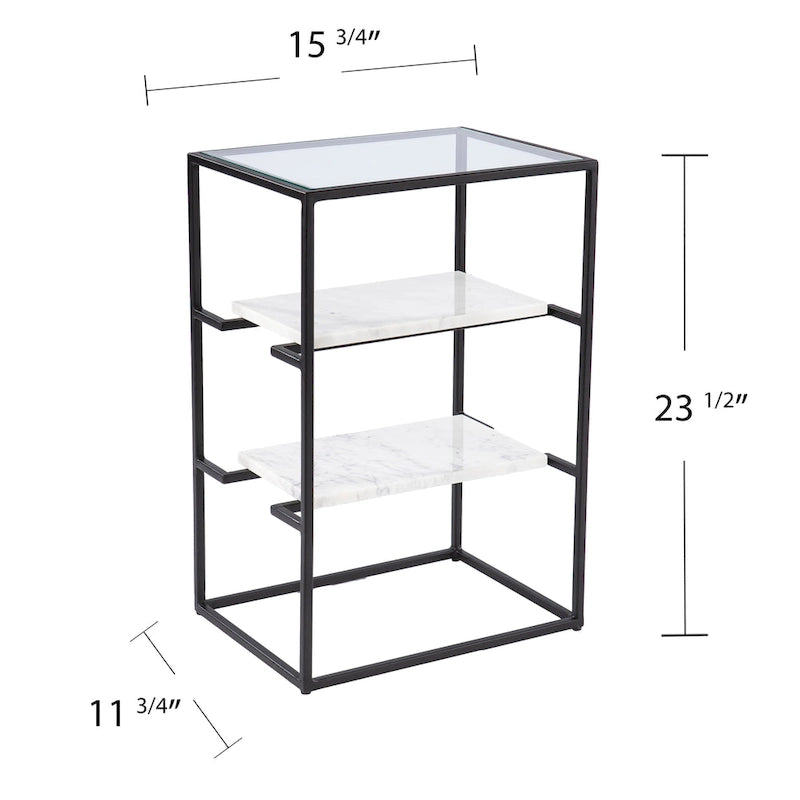 Table d'appoint Piesby à plateau en verre et étagères en marbre, noir/blanc