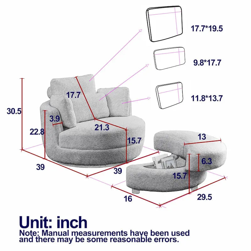 Fauteuil pivotant lune 39W avec pouf de rangement pour salon - 51 x 39 x 30.5