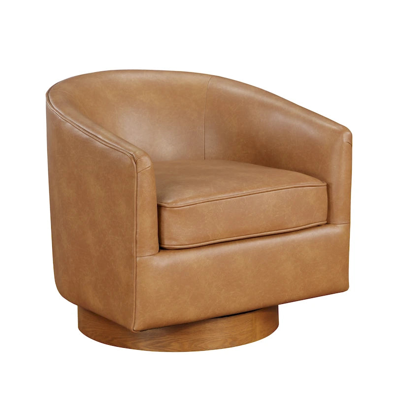 Fauteuil pivotant rond Ingram en similicuir avec base en bois par