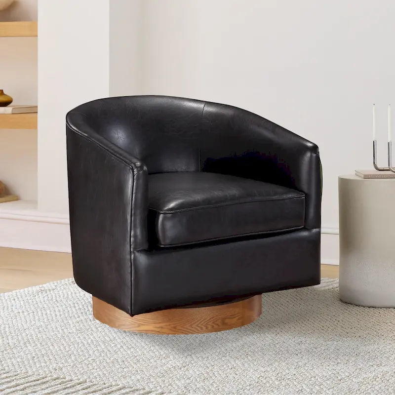 Ingram Faux Leather Wood Base Barrel Swivel Chair by 
