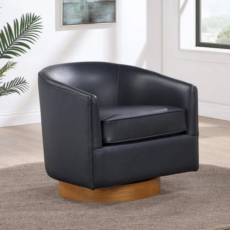 Fauteuil pivotant rond Ingram en similicuir avec base en bois par