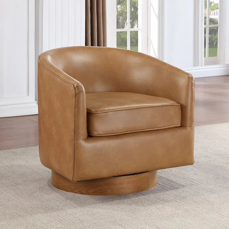 Fauteuil pivotant rond Ingram en similicuir avec base en bois par