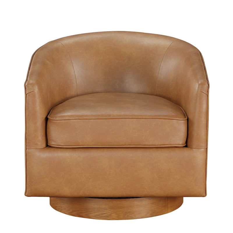 Fauteuil pivotant rond Ingram en similicuir avec base en bois par