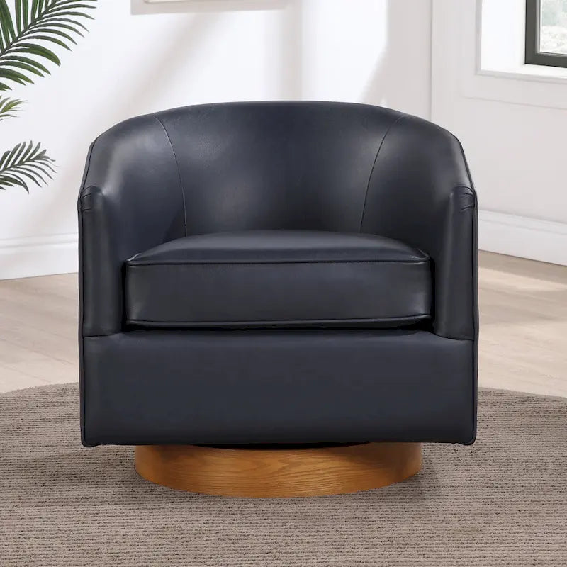 Fauteuil pivotant rond Ingram en similicuir avec base en bois par