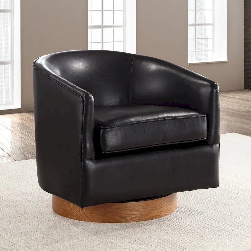 Fauteuil pivotant rond Ingram en similicuir avec base en bois par