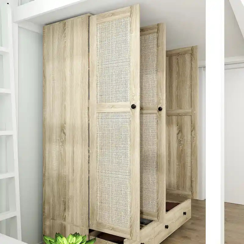 Armoire en bois au charme naturel - Design en rotin respirant Grand espace de rangement