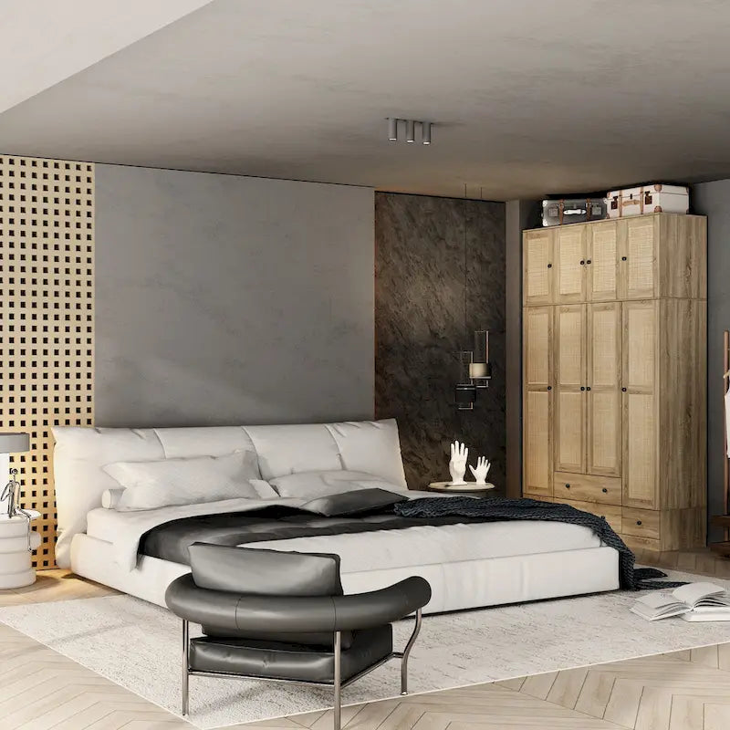 Armoire en bois au charme naturel - Design en rotin respirant Grand espace de rangement