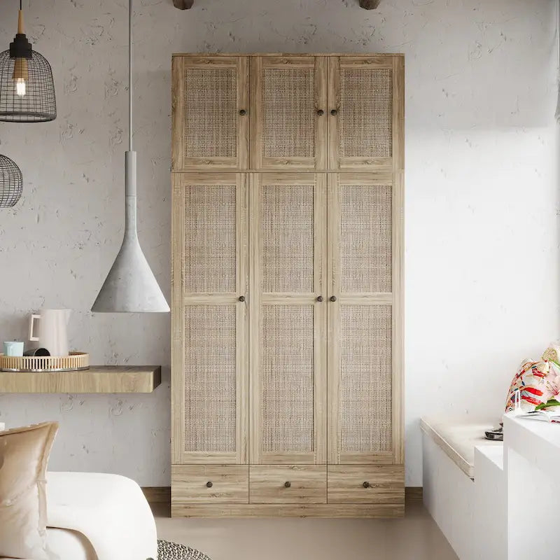 Armoire en bois au charme naturel - Design en rotin respirant Grand espace de rangement