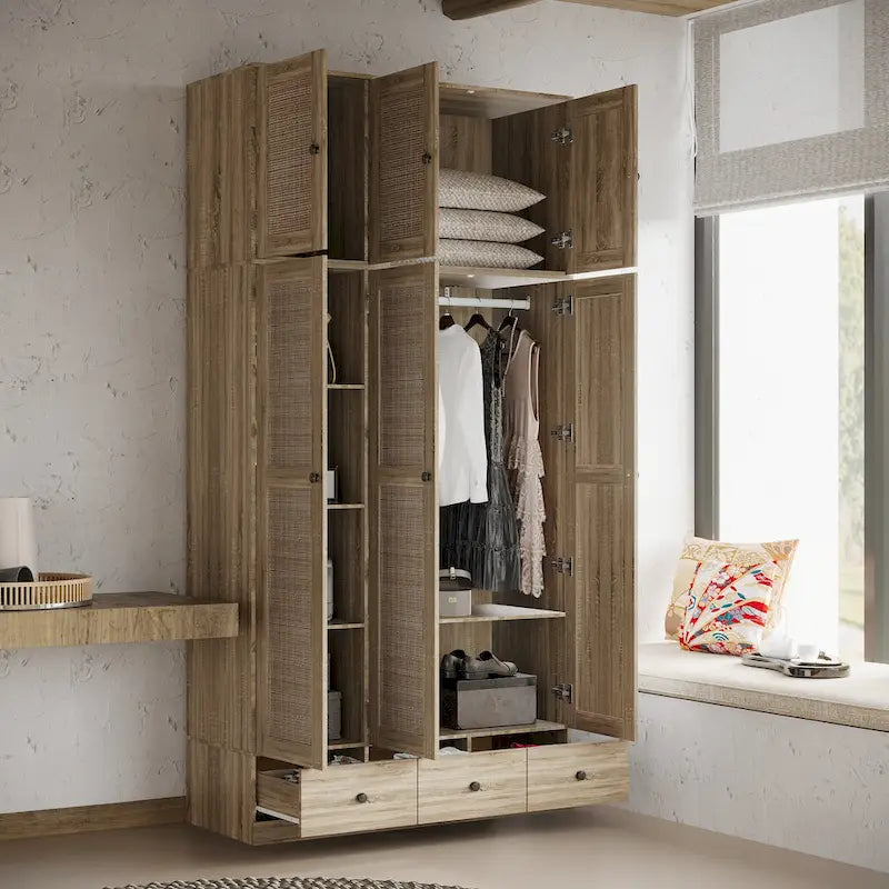Armoire en bois au charme naturel - Design en rotin respirant Grand espace de rangement