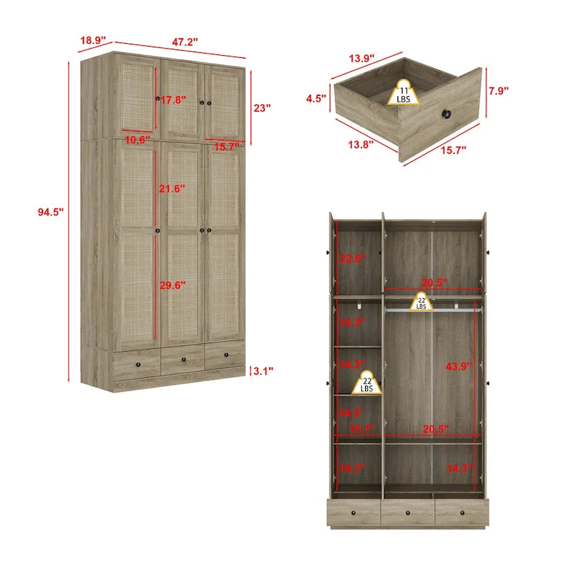 Armoire en bois au charme naturel - Design en rotin respirant Grand espace de rangement