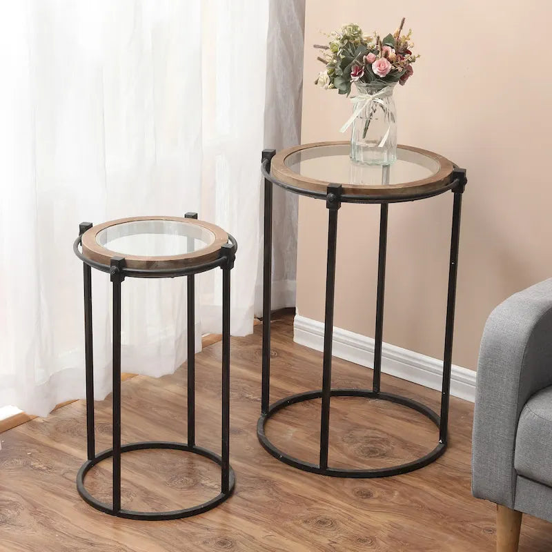  Satine Metal and Glass Round Accent Side Table (Set of 2)