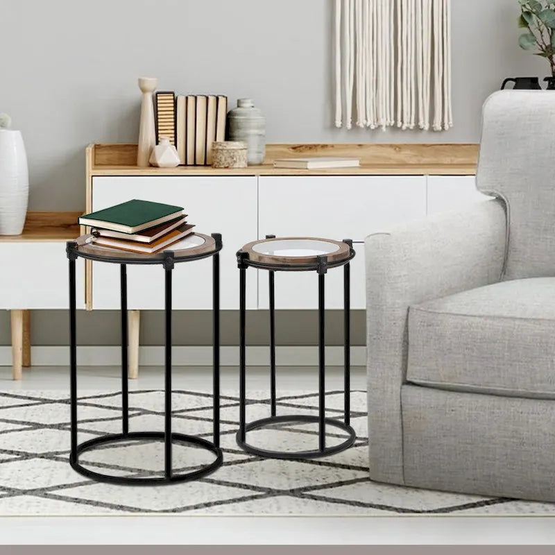 Tables d'appoint rondes Satine en métal et verre (lot de 2)