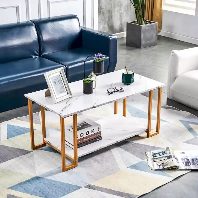 Table basse rectangulaire en fer de 39,37 L avec plateau en MDF, salle à manger, café, restaurant, plateau blanc, pieds dorés