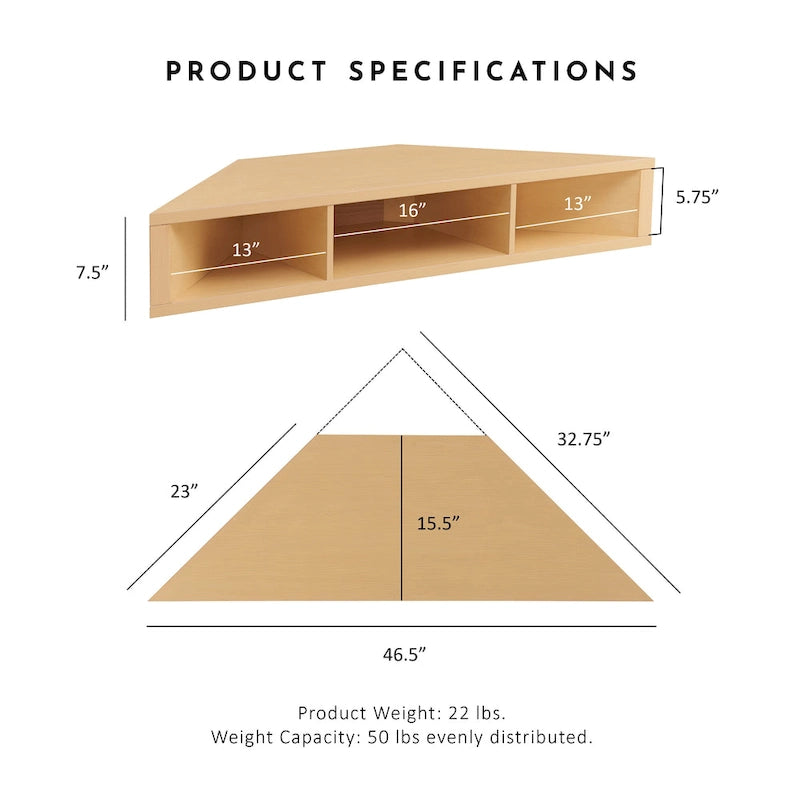 Meuble TV d'angle mural de 119 cm à 3 étagères de style transitionnel