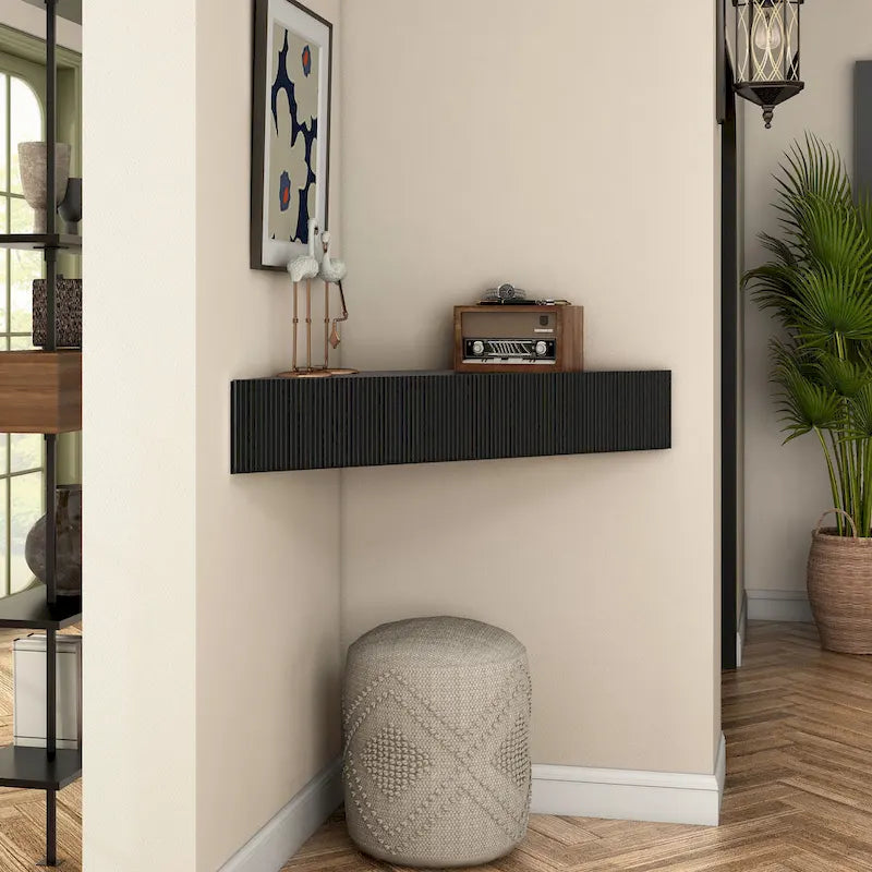 Meuble TV d'angle mural de 119 cm à 3 étagères de style transitionnel