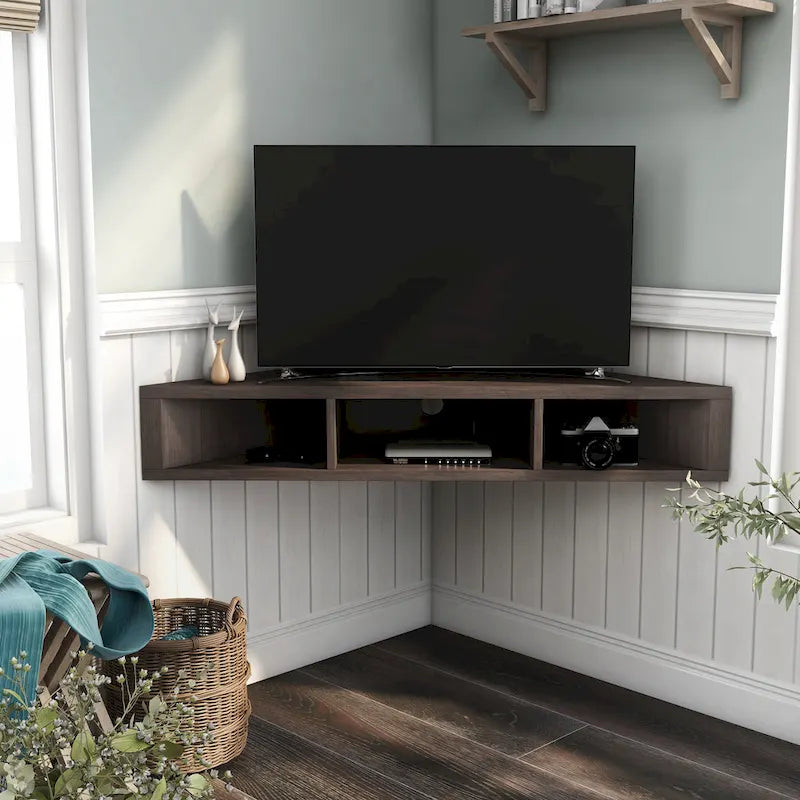 Meuble TV d'angle mural de 119 cm à 3 étagères de style transitionnel