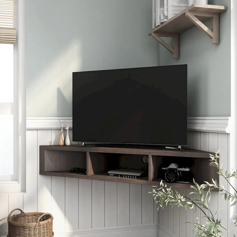 Meuble TV d'angle mural de 119 cm à 3 étagères de style transitionnel