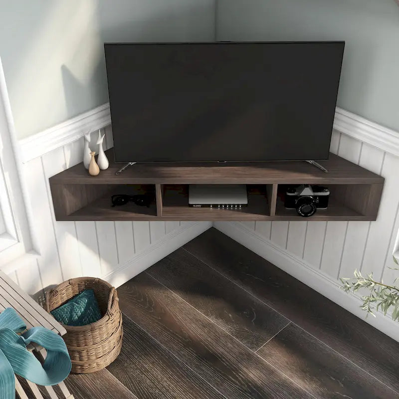 Meuble TV d'angle mural de 119 cm à 3 étagères de style transitionnel