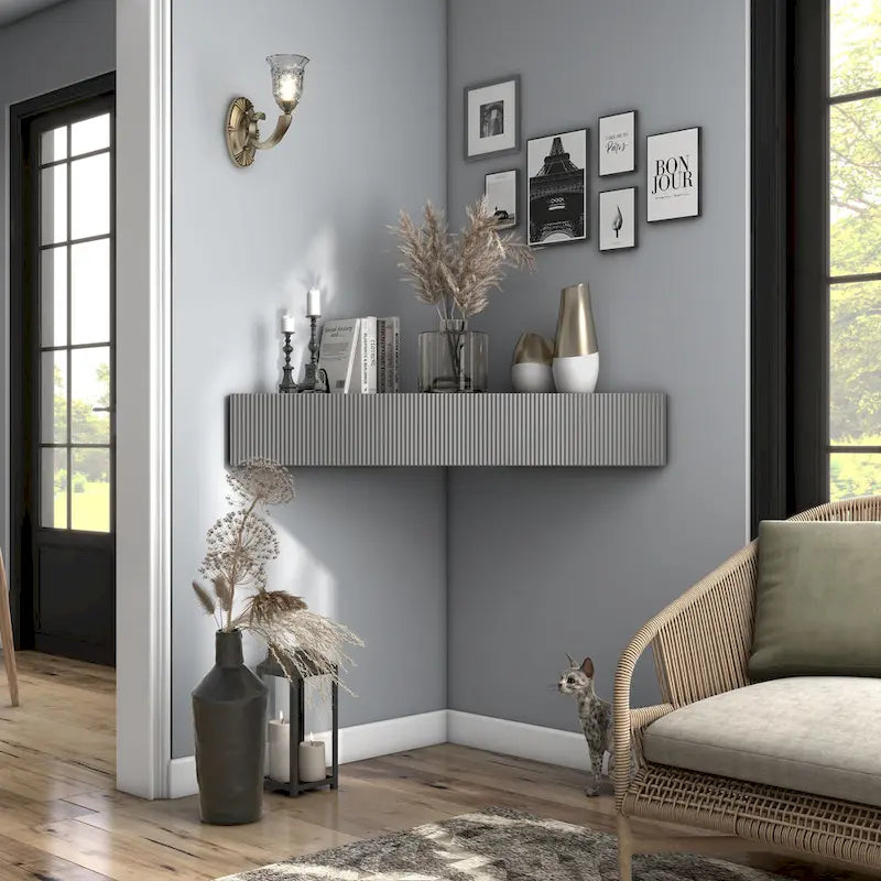 Meuble TV d'angle mural de 119 cm à 3 étagères de style transitionnel