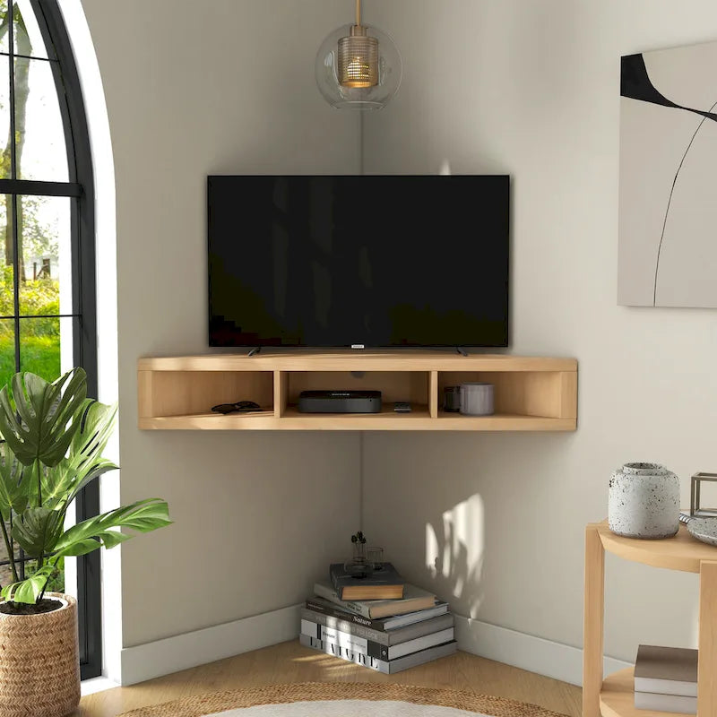 Meuble TV d'angle mural de 119 cm à 3 étagères de style transitionnel