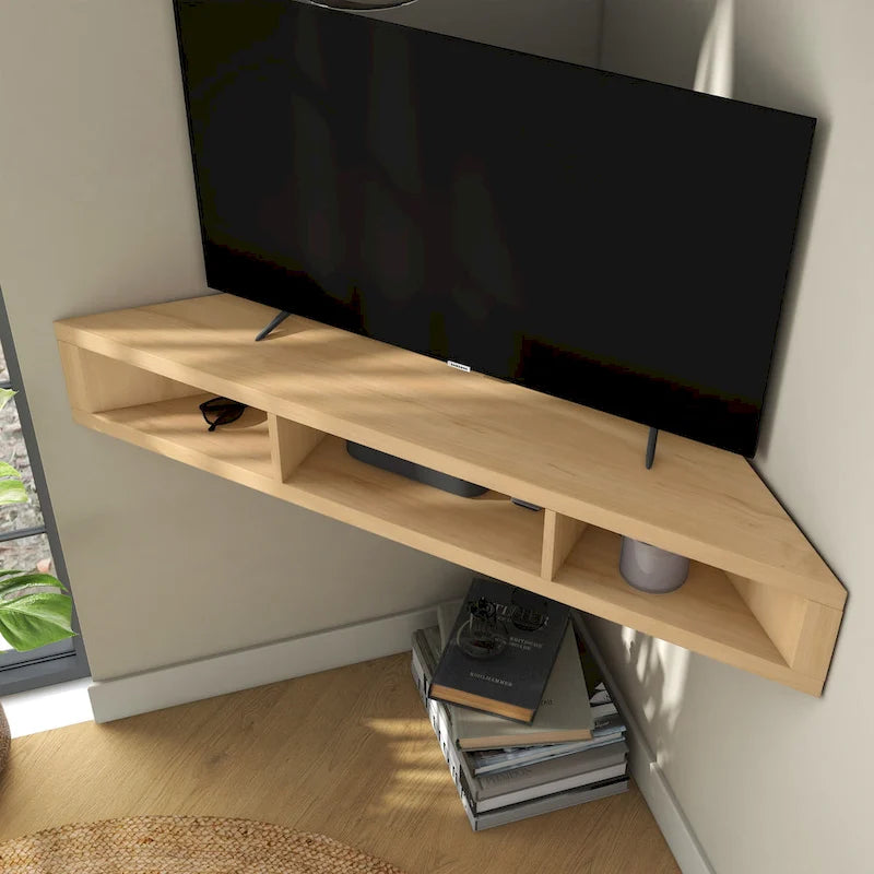 Meuble TV d'angle mural de 119 cm à 3 étagères de style transitionnel