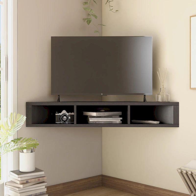 Meuble TV d'angle mural de 119 cm à 3 étagères de style transitionnel