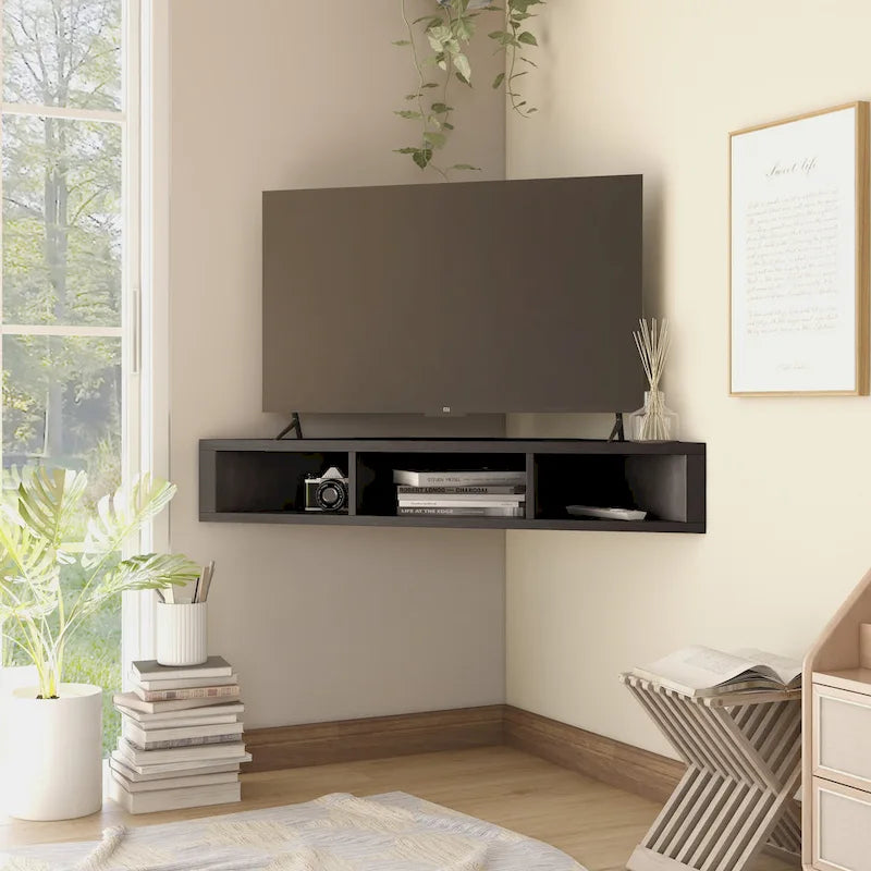 Meuble TV d'angle mural de 119 cm à 3 étagères de style transitionnel