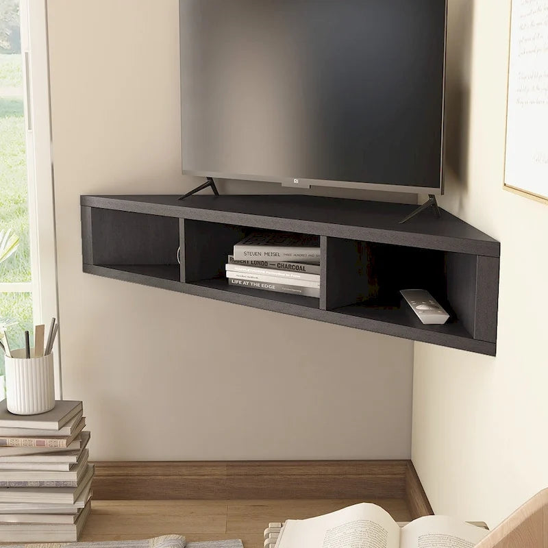 Meuble TV d'angle mural de 119 cm à 3 étagères de style transitionnel