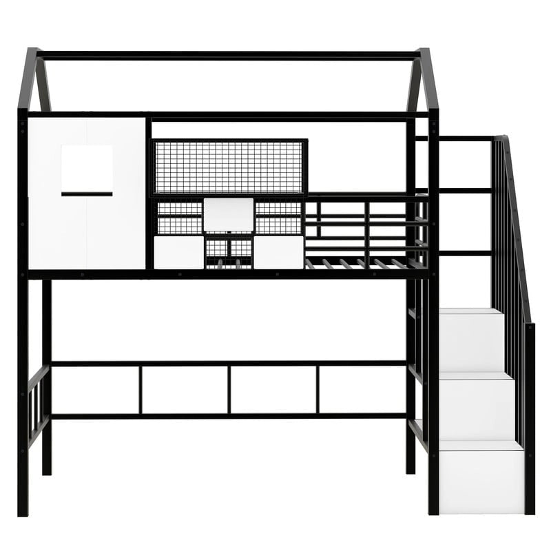 Lit mezzanine métallique de taille double avec toit et boîte de rangement