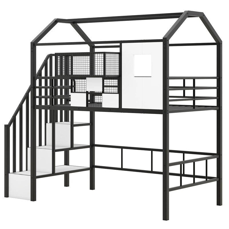 Lit mezzanine métallique de taille double avec toit et boîte de rangement