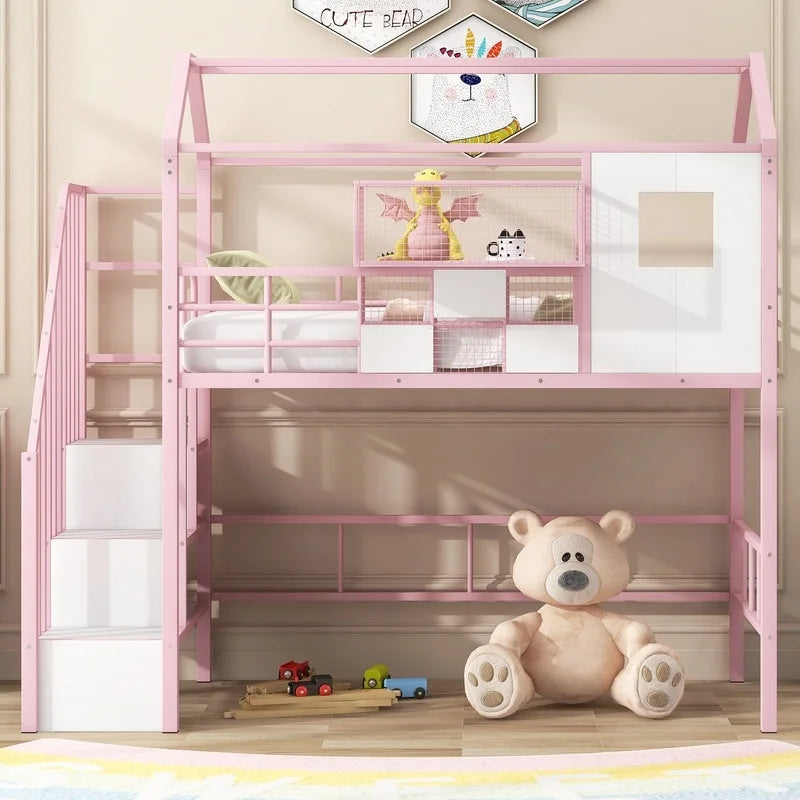 Lit mezzanine métallique de taille double avec toit et boîte de rangement