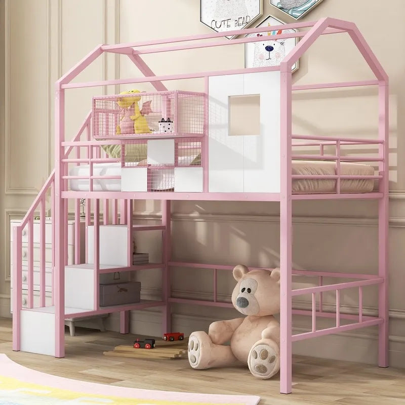 Lit mezzanine métallique de taille double avec toit et boîte de rangement