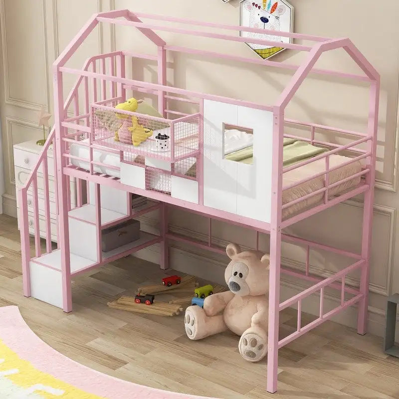 Lit mezzanine métallique de taille double avec toit et boîte de rangement