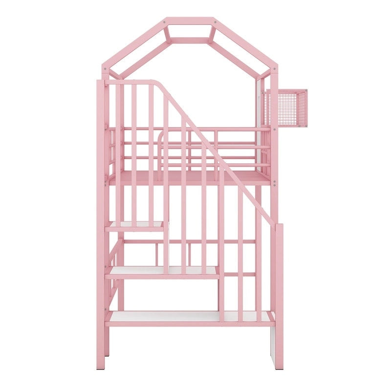 Lit mezzanine métallique de taille double avec toit et boîte de rangement