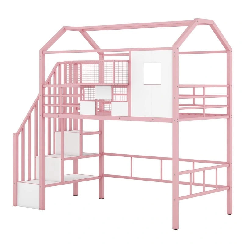 Lit mezzanine métallique de taille double avec toit et boîte de rangement