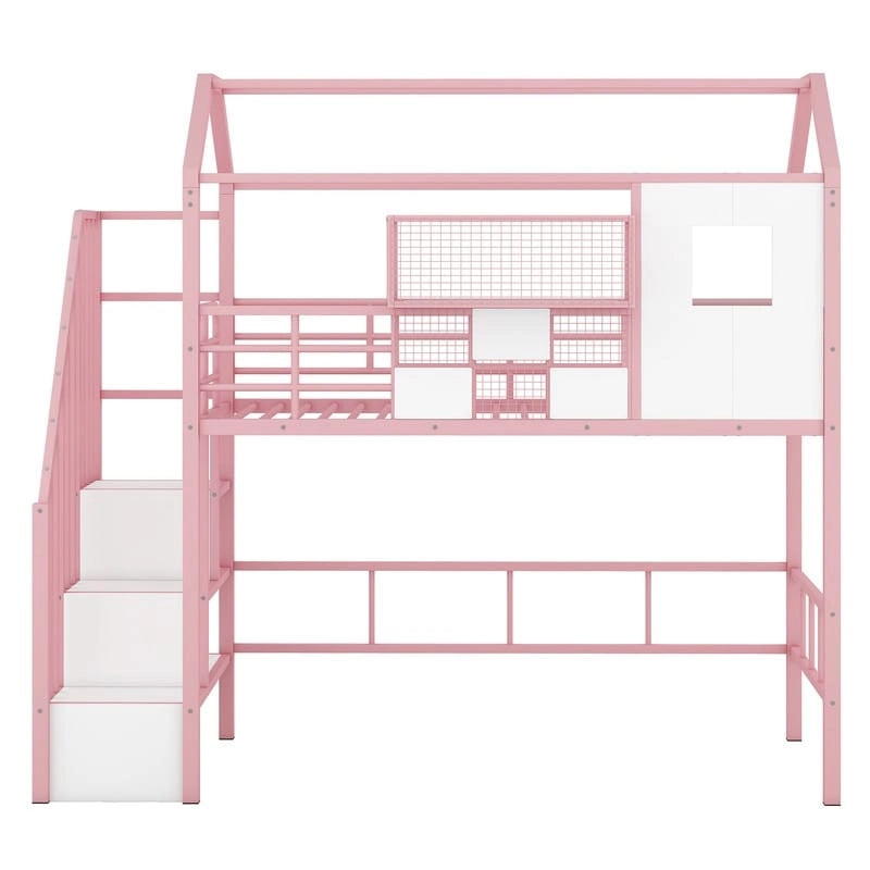Lit mezzanine métallique de taille double avec toit et boîte de rangement