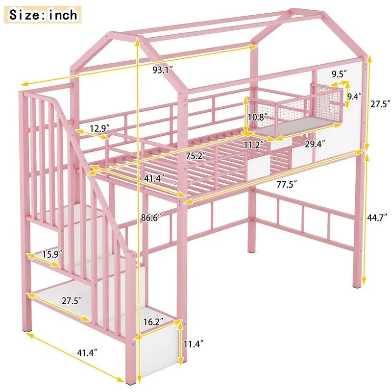Lit mezzanine métallique de taille double avec toit et boîte de rangement