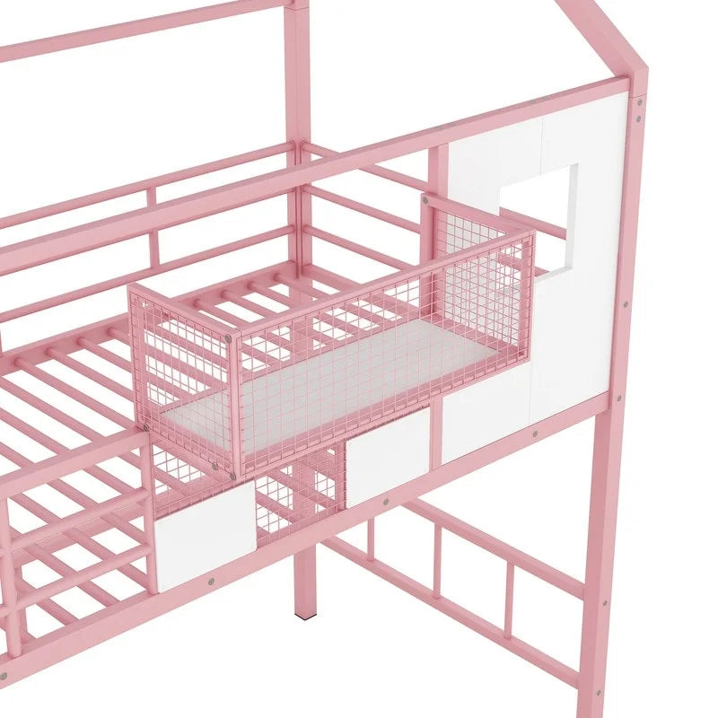 Lit mezzanine métallique de taille double avec toit et boîte de rangement