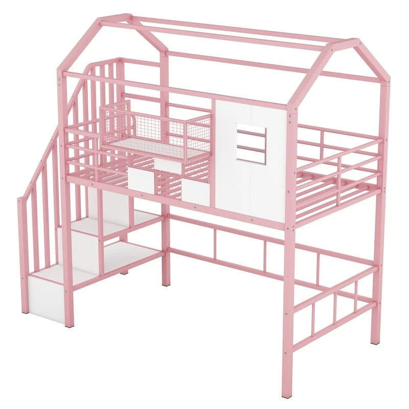 Lit mezzanine métallique de taille double avec toit et boîte de rangement