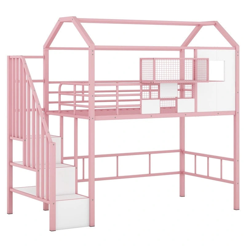 Lit mezzanine métallique de taille double avec toit et boîte de rangement