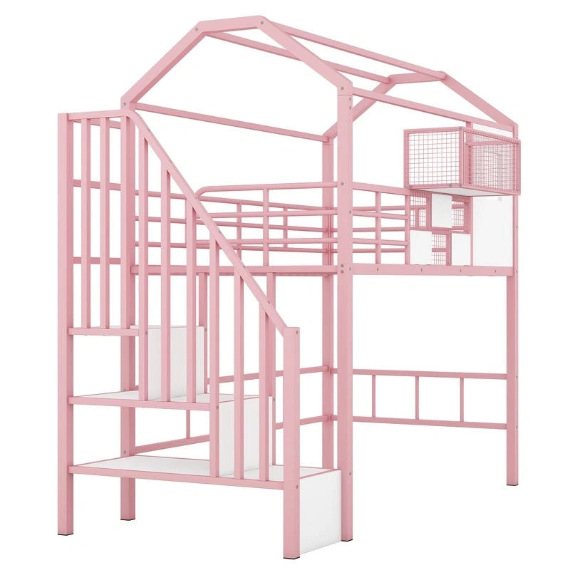 Lit mezzanine métallique de taille double avec toit et boîte de rangement