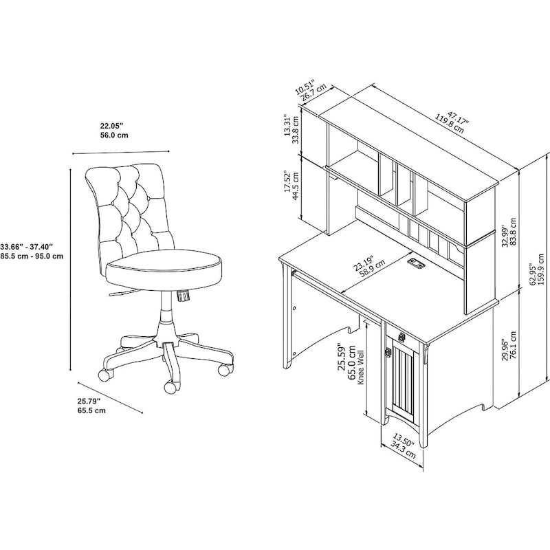 Bureau informatique de 48 po de largeur avec huche et chaise de bureau