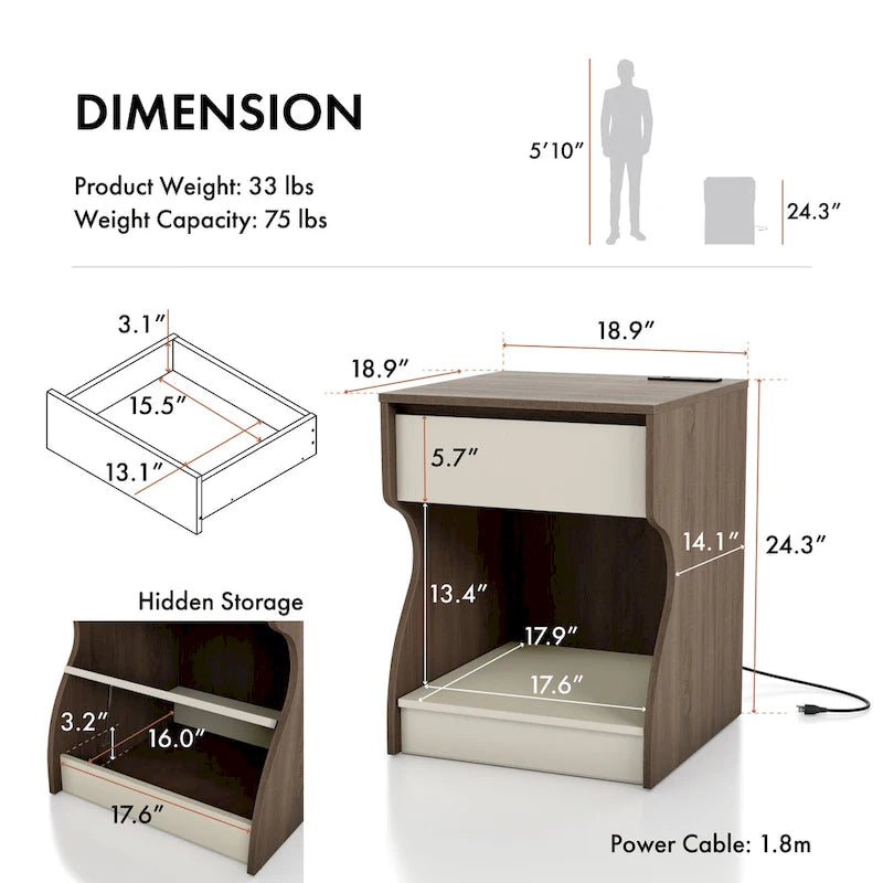 Table de chevet DH BASIC moderne marron châtaigne à 1 tiroir avec station de charge et rangement caché par Denhour