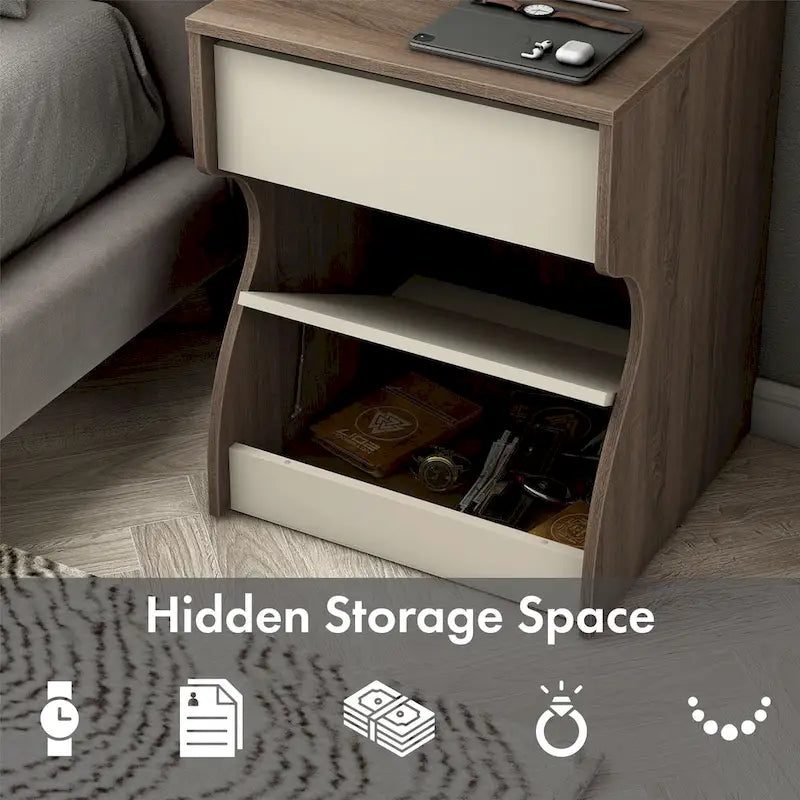 Table de chevet DH BASIC moderne marron châtaigne à 1 tiroir avec station de charge et rangement caché par Denhour