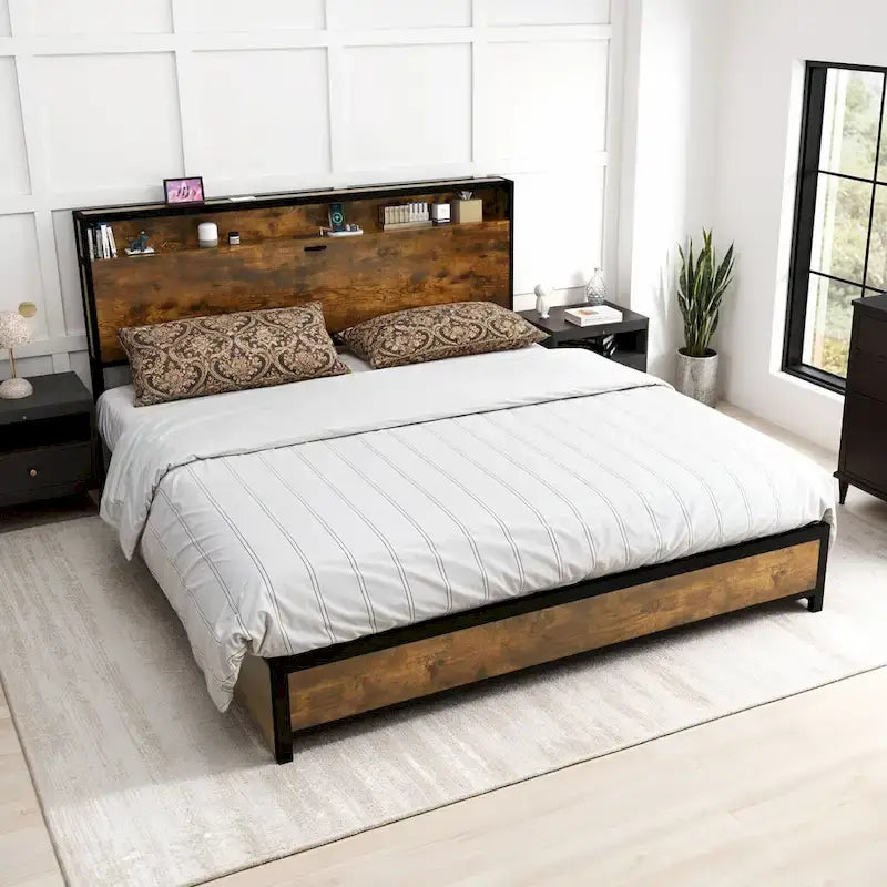 Cadre de lit king-size marron vintage avec tête de lit bibliothèque et tiroirs de rangement
