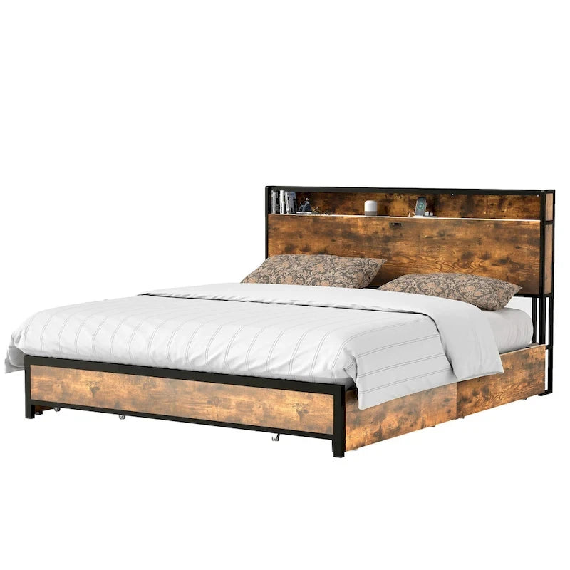 Cadre de lit king-size marron vintage avec tête de lit bibliothèque et tiroirs de rangement