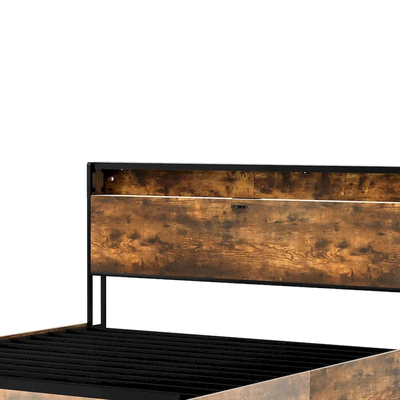 Cadre de lit king-size marron vintage avec tête de lit bibliothèque et tiroirs de rangement