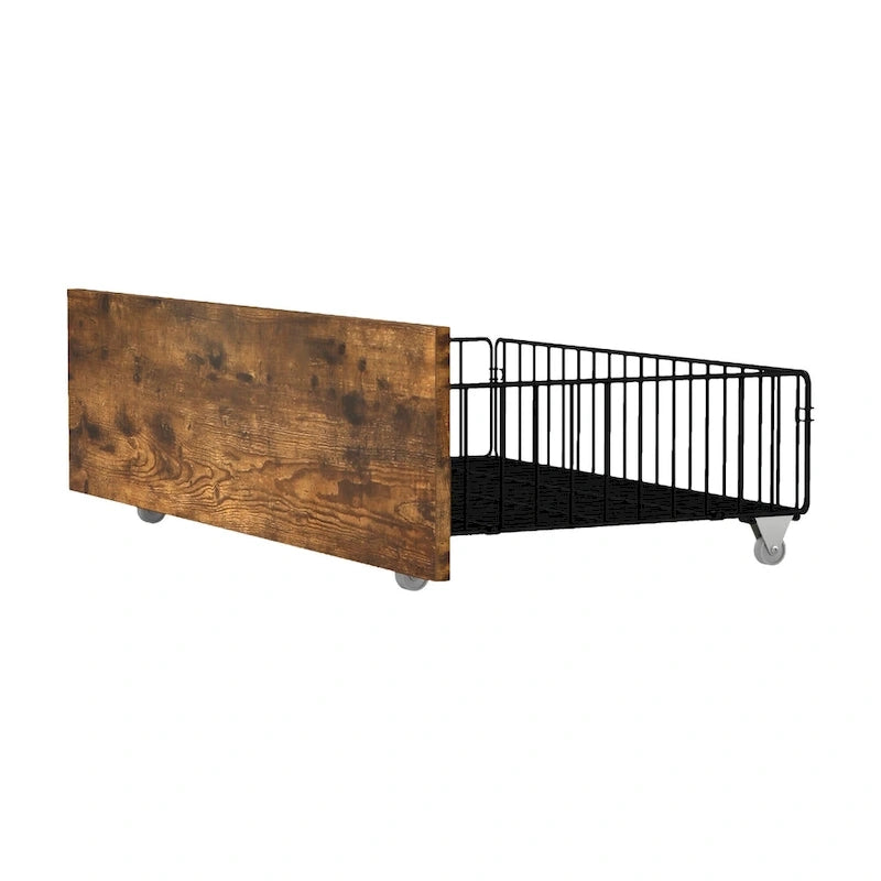 Cadre de lit king-size marron vintage avec tête de lit bibliothèque et tiroirs de rangement
