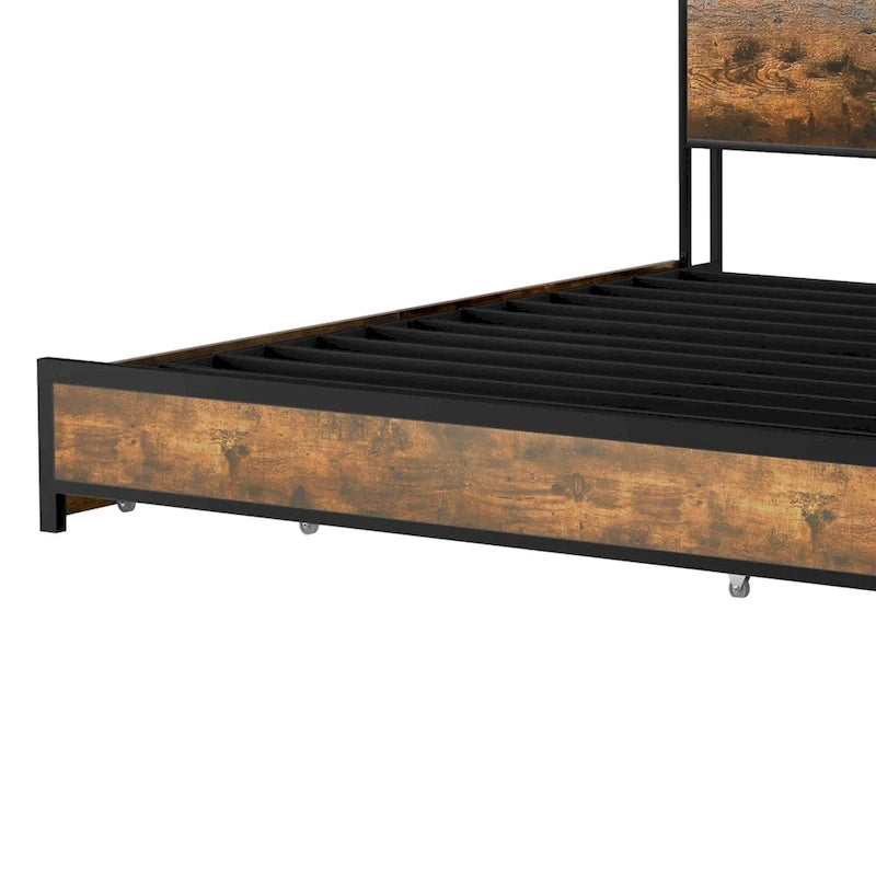 Cadre de lit king-size marron vintage avec tête de lit bibliothèque et tiroirs de rangement